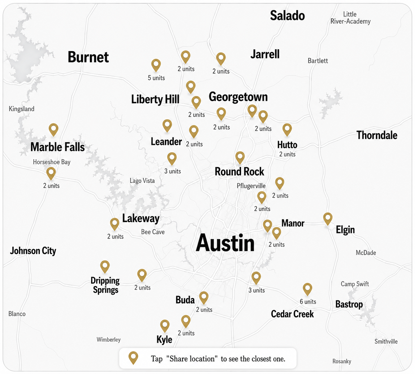 Map of MINE showroom locations across Greater Austin